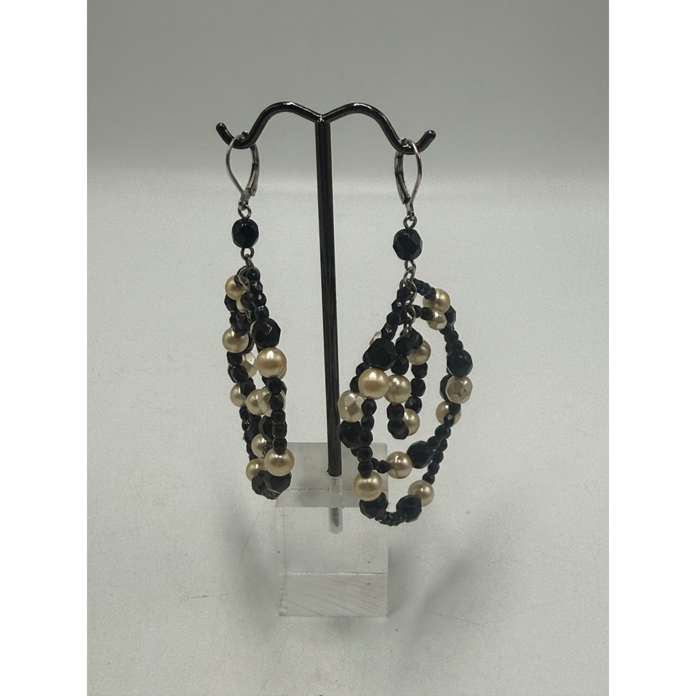 Black and Cream Faux Pearl Multi Strand Tiered Hoop Chandelier Earrings